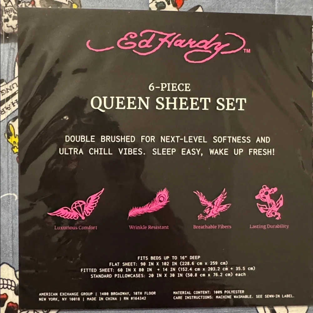Ed Hardy Blue Queen Sheet Set with Tattoo Designs - Picture 6 of 10